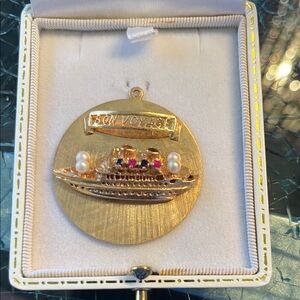 MCM 14K VINTAGE BON VOYAGE GEM LADEN CRUISE SHIP CHARM SAPPHIRE RUBIES PEARLS